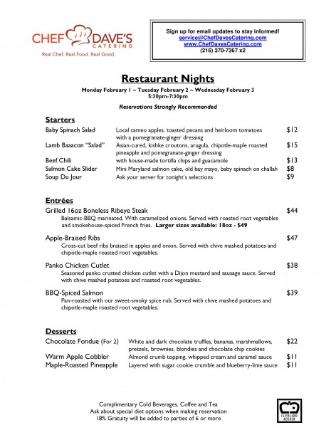 Restaurant Nights Menu 020116